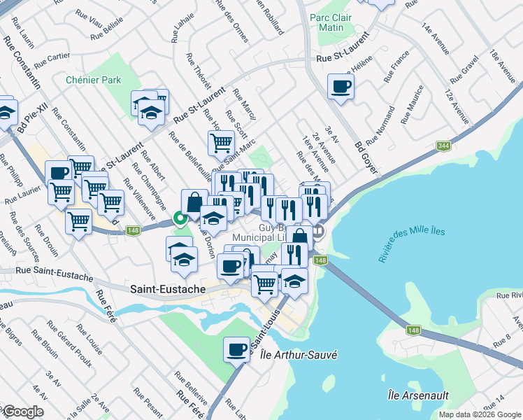 map of restaurants, bars, coffee shops, grocery stores, and more near 73 Boulevard Arthur-Sauvé in Saint-Eustache