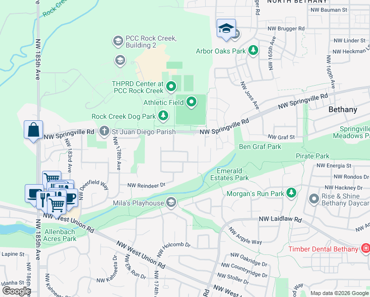 map of restaurants, bars, coffee shops, grocery stores, and more near 17209 Northwest Millbrook Street in Portland