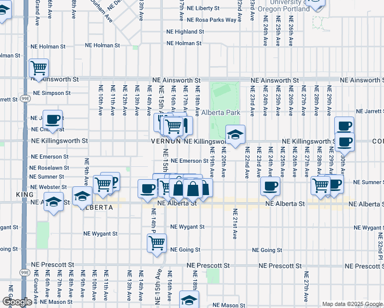 map of restaurants, bars, coffee shops, grocery stores, and more near 5322 Northeast 17th Avenue in Portland