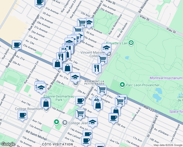 map of restaurants, bars, coffee shops, grocery stores, and more near 5965 23e Avenue in Montréal