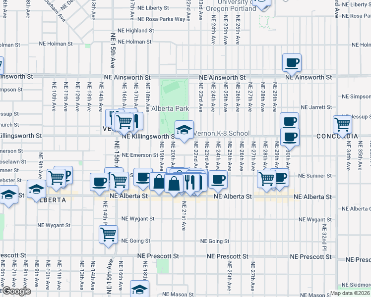 map of restaurants, bars, coffee shops, grocery stores, and more near 2044 Northeast Killingsworth Street in Portland