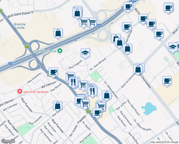 map of restaurants, bars, coffee shops, grocery stores, and more near 2495 Rue Frégault in Laval