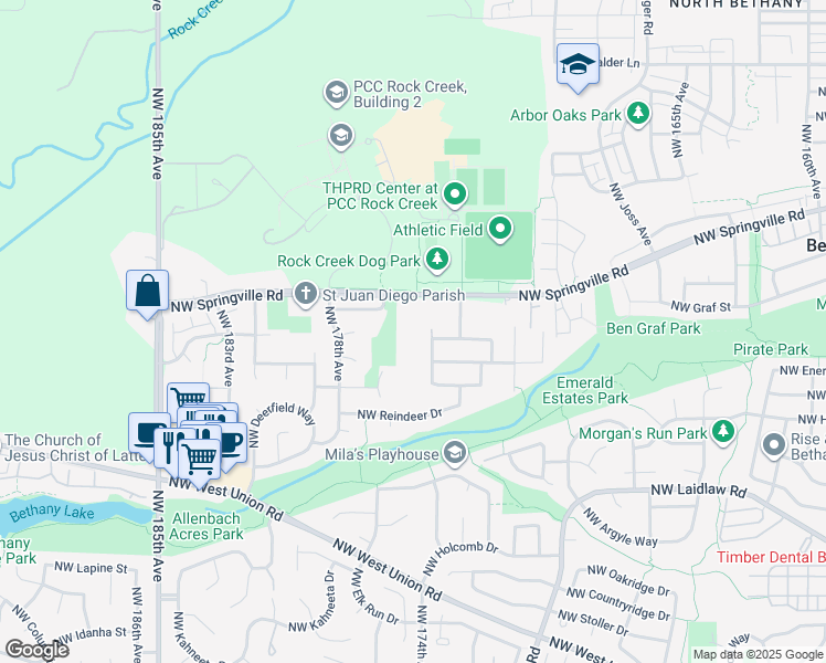 map of restaurants, bars, coffee shops, grocery stores, and more near 17516 Northwest Springville Road in Portland
