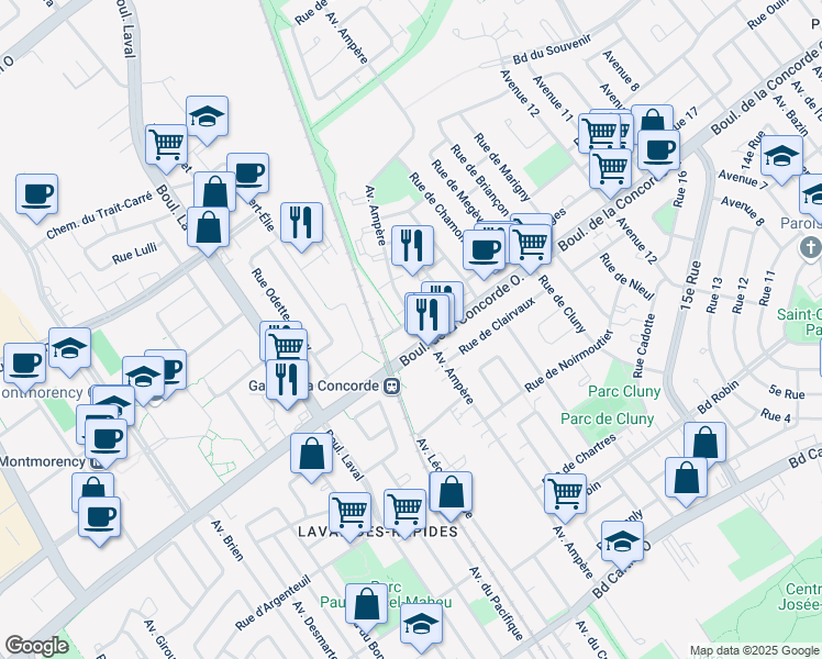 map of restaurants, bars, coffee shops, grocery stores, and more near in Laval