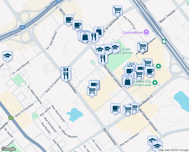 map of restaurants, bars, coffee shops, grocery stores, and more near 3680 Boulevard de Chenonceau in Laval