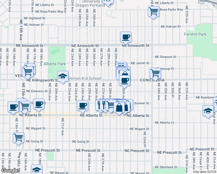map of restaurants, bars, coffee shops, grocery stores, and more near 5429 Northeast 28th Avenue in Portland