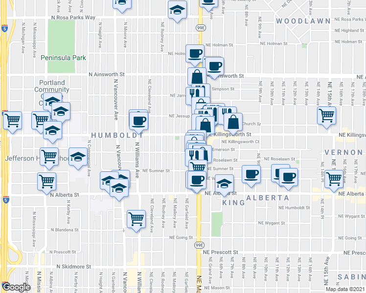 map of restaurants, bars, coffee shops, grocery stores, and more near 5415 Northeast Garfield Avenue in Portland