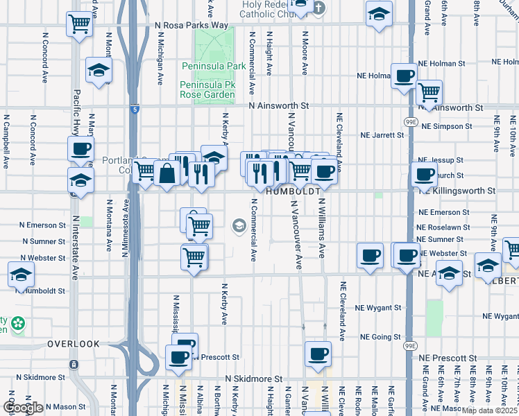 map of restaurants, bars, coffee shops, grocery stores, and more near 512 North Killingsworth Street in Portland