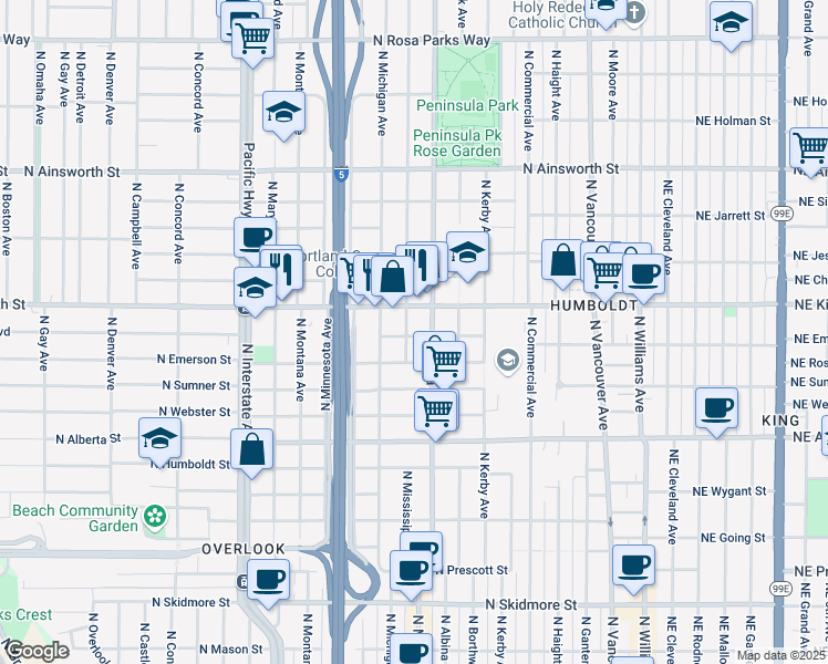 map of restaurants, bars, coffee shops, grocery stores, and more near 838 North Killingsworth Street in Portland