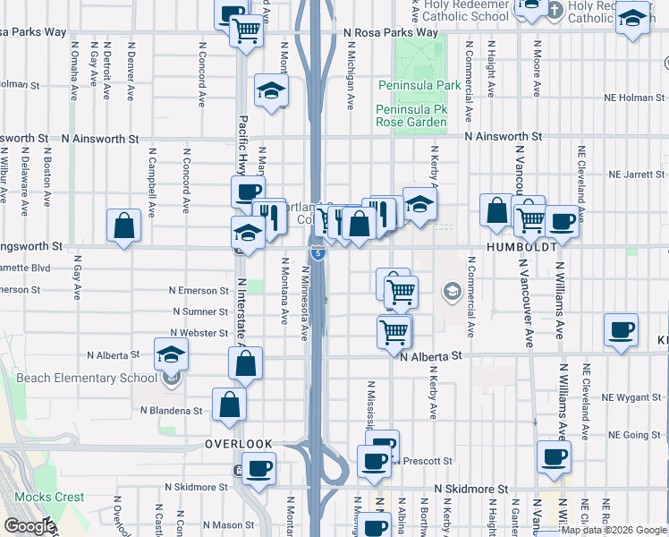 map of restaurants, bars, coffee shops, grocery stores, and more near 1010 North Killingsworth Street in Portland