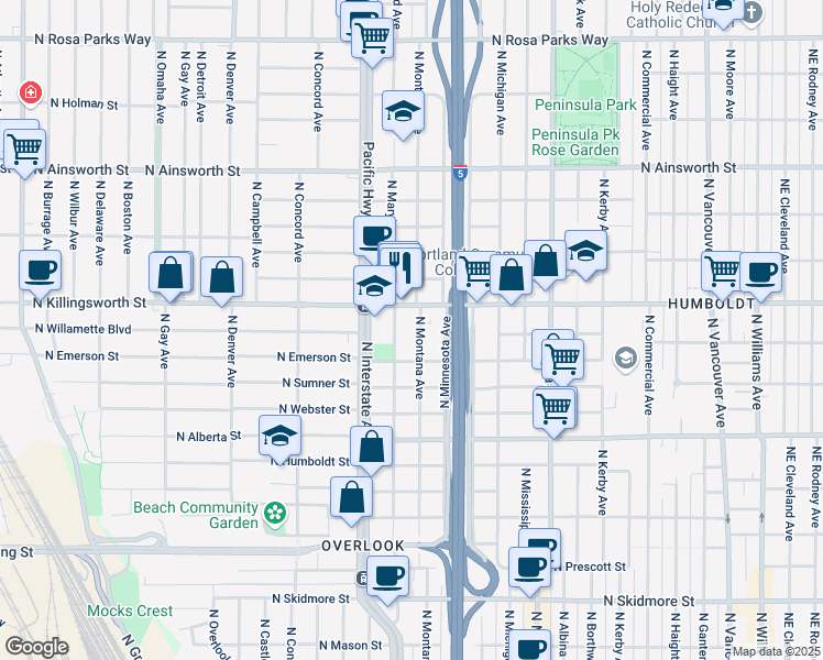 map of restaurants, bars, coffee shops, grocery stores, and more near 1324 North Killingsworth Street in Portland