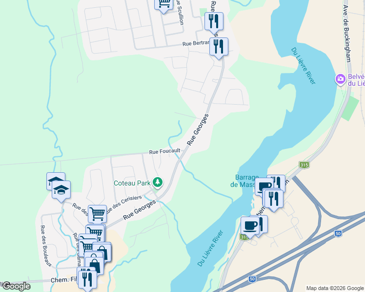 map of restaurants, bars, coffee shops, grocery stores, and more near 1083 Rue Georges in Gatineau