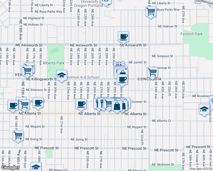 map of restaurants, bars, coffee shops, grocery stores, and more near 5429 Northeast 28th Avenue in Portland