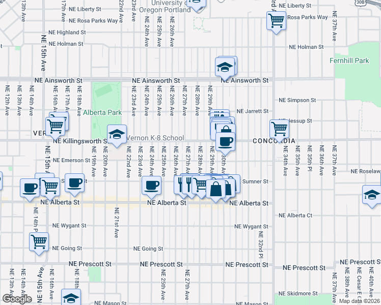 map of restaurants, bars, coffee shops, grocery stores, and more near 5330 Northeast 27th Avenue in Portland