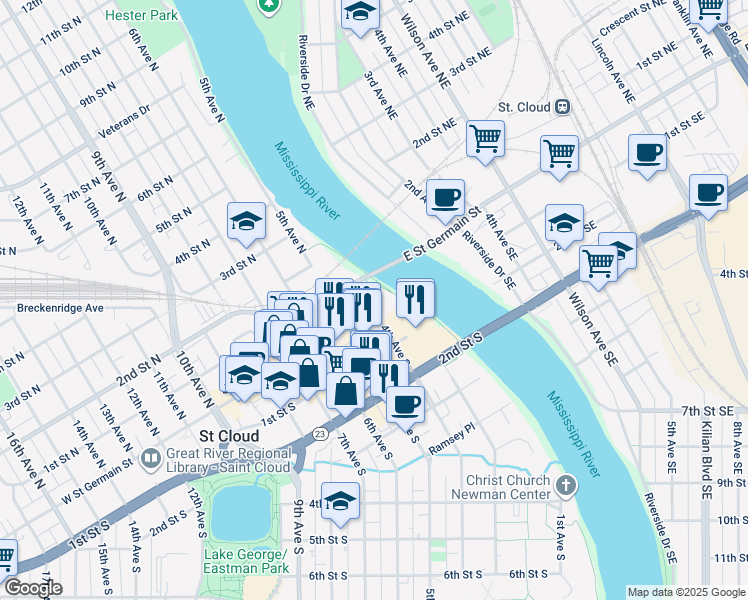 map of restaurants, bars, coffee shops, grocery stores, and more near 10 4th Avenue South in St. Cloud