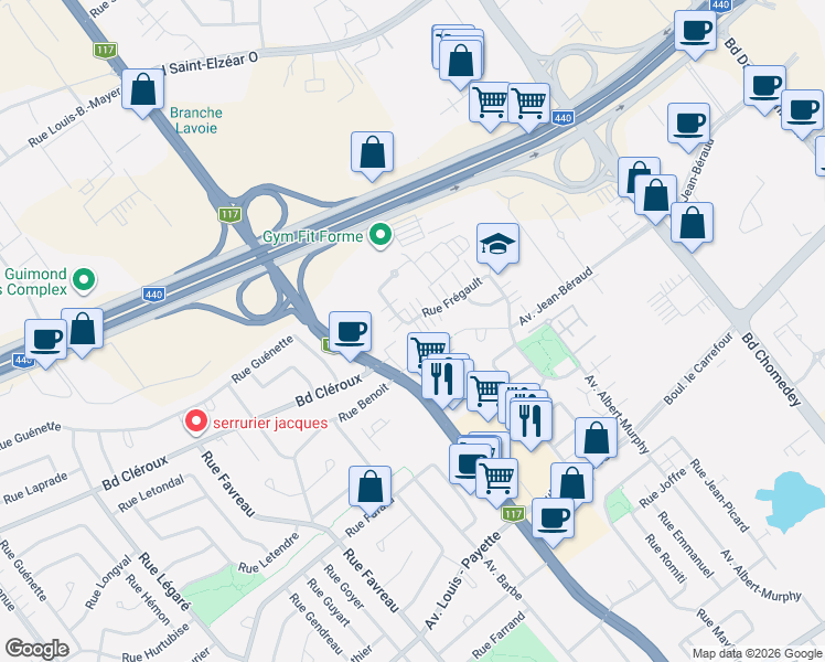 map of restaurants, bars, coffee shops, grocery stores, and more near 2822 Rue Frégault in Laval