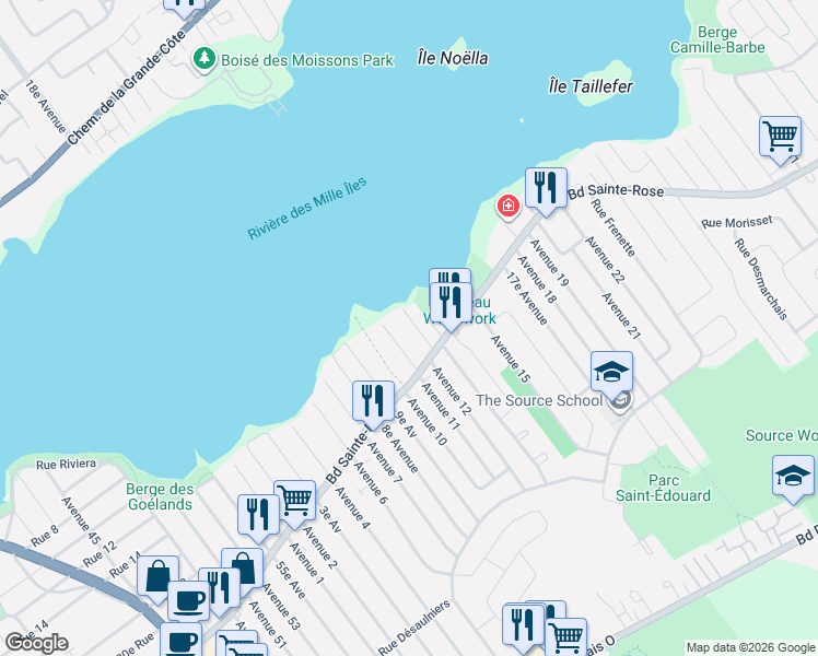 map of restaurants, bars, coffee shops, grocery stores, and more near 1058 12e Av in Laval