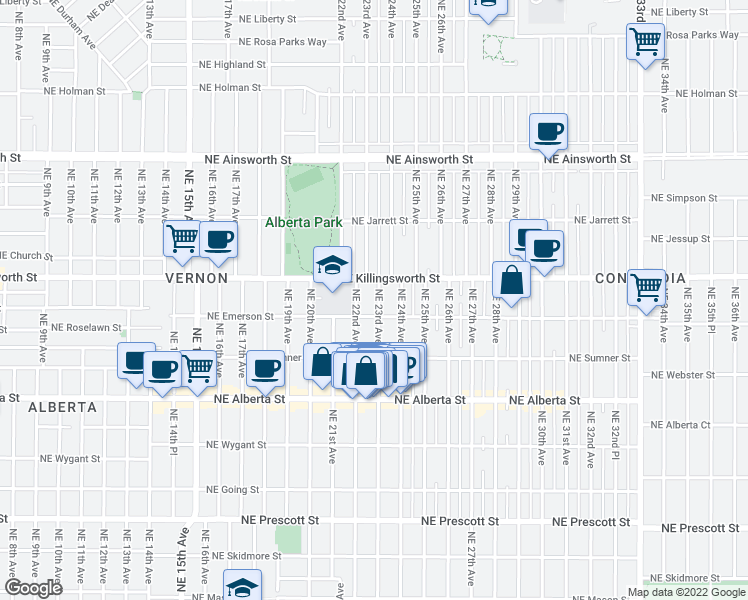 map of restaurants, bars, coffee shops, grocery stores, and more near 5331 Northeast 23rd Avenue in Portland