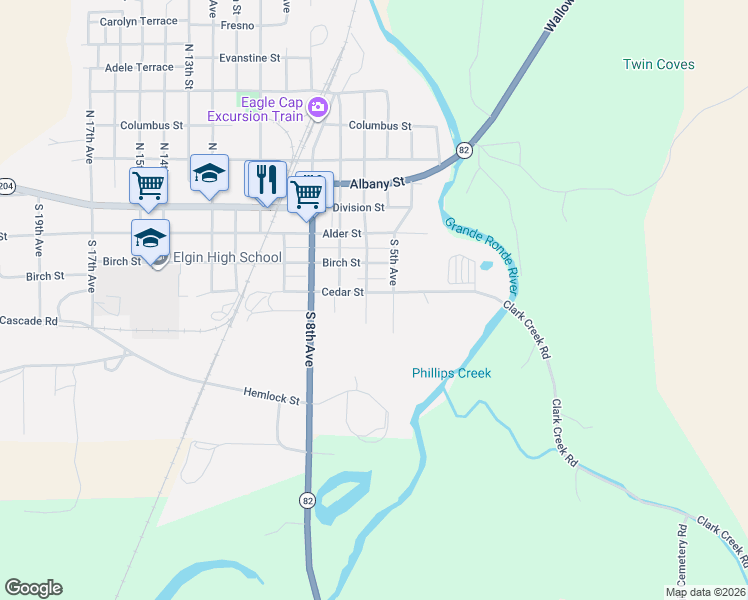 map of restaurants, bars, coffee shops, grocery stores, and more near 590 Cedar Street in Elgin