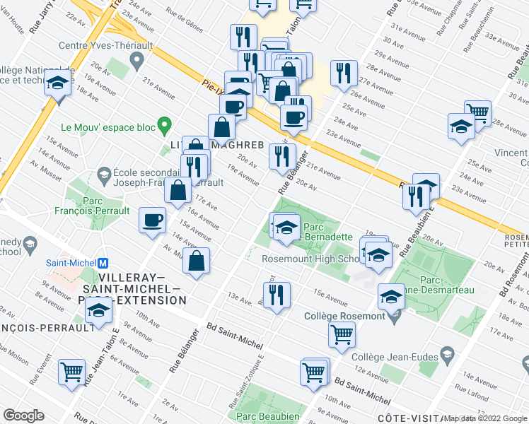 map of restaurants, bars, coffee shops, grocery stores, and more near 3795 Rue Bélanger in Montréal