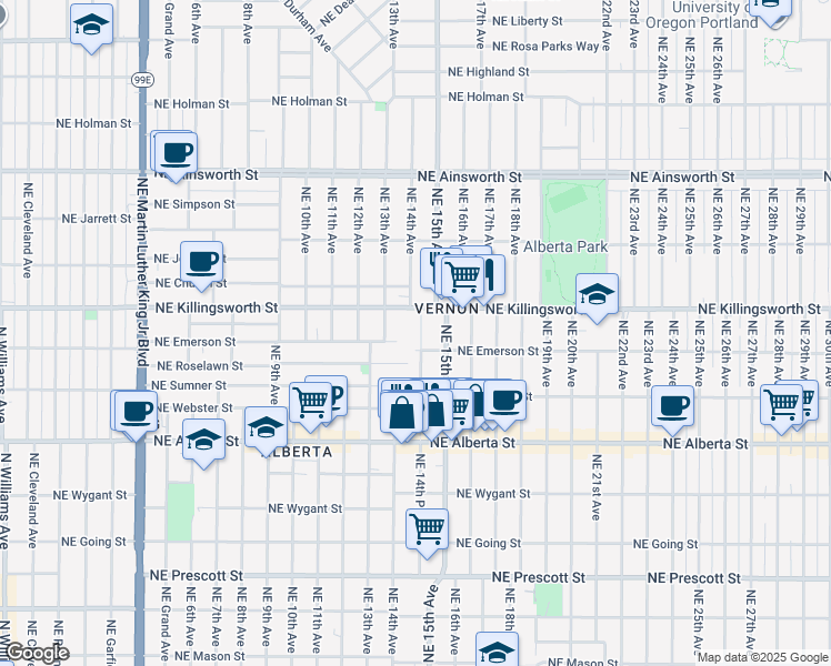 map of restaurants, bars, coffee shops, grocery stores, and more near 5335 Northeast 14th Place in Portland