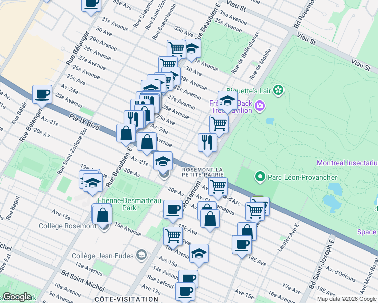 map of restaurants, bars, coffee shops, grocery stores, and more near 6001 23e Avenue in Montrã©Al