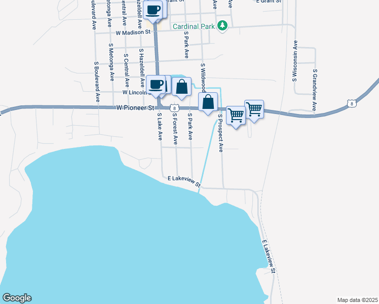 map of restaurants, bars, coffee shops, grocery stores, and more near 700 S Park Ave in Crandon