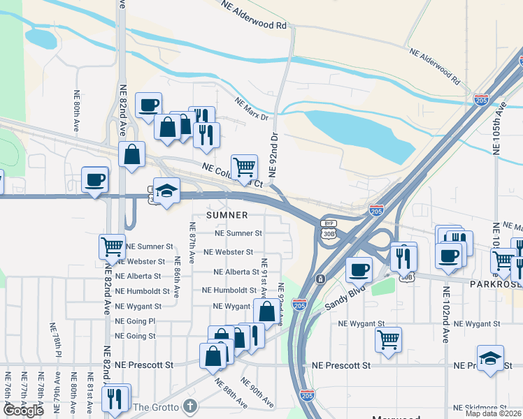 map of restaurants, bars, coffee shops, grocery stores, and more near 8956 Northeast Killingsworth Street in Portland