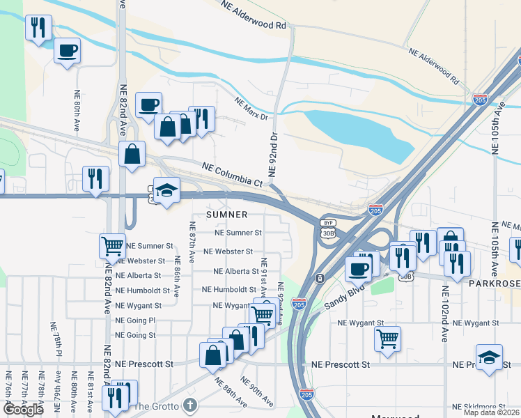 map of restaurants, bars, coffee shops, grocery stores, and more near 8956 Northeast Killingsworth Street in Portland
