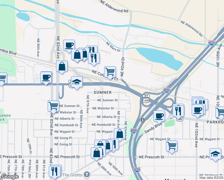 map of restaurants, bars, coffee shops, grocery stores, and more near 8956 Northeast Killingsworth Street in Portland