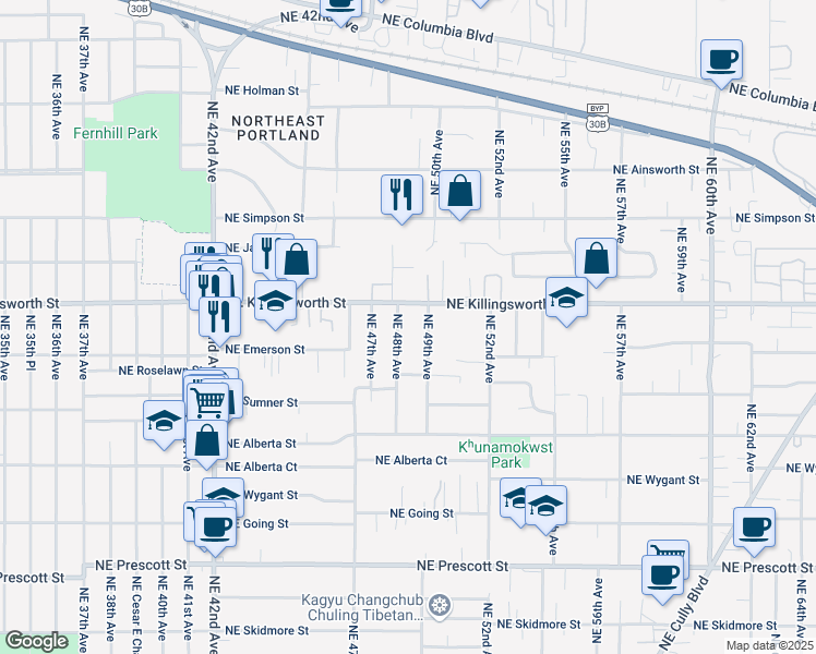 map of restaurants, bars, coffee shops, grocery stores, and more near 4810 Northeast Killingsworth Street in Portland