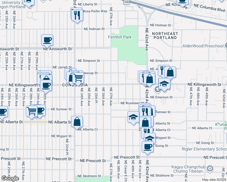 map of restaurants, bars, coffee shops, grocery stores, and more near 3728 Northeast Killingsworth Street in Portland