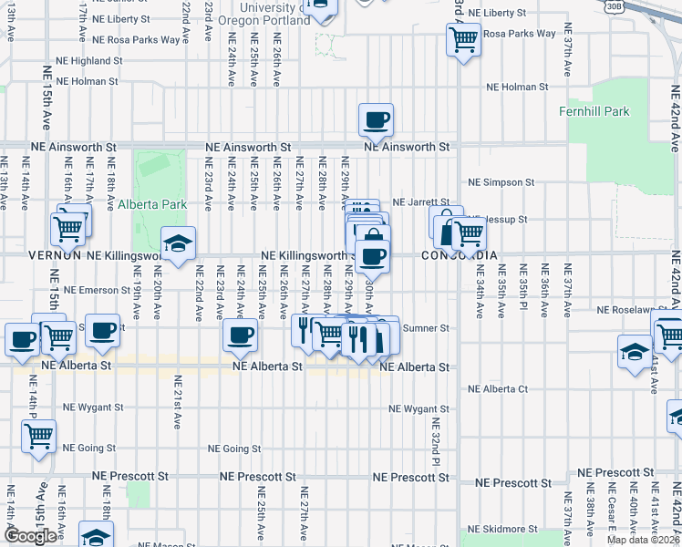 map of restaurants, bars, coffee shops, grocery stores, and more near 2908 Northeast Killingsworth Street in Portland