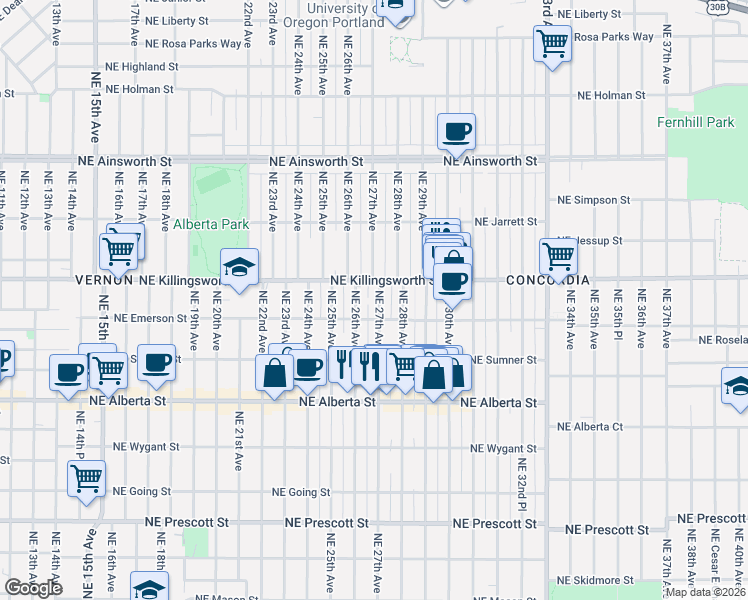 map of restaurants, bars, coffee shops, grocery stores, and more near 5420 Northeast 26th Avenue in Portland