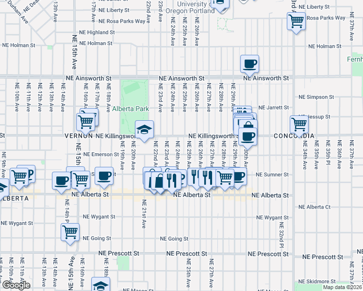 map of restaurants, bars, coffee shops, grocery stores, and more near 5421 Northeast 25th Avenue in Portland