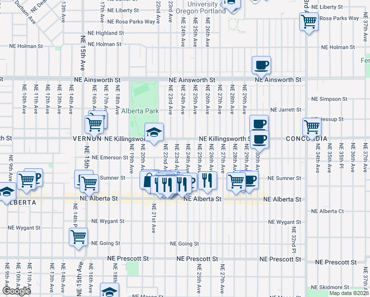 map of restaurants, bars, coffee shops, grocery stores, and more near 2308 Northeast Killingsworth Street in Portland