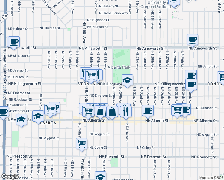 map of restaurants, bars, coffee shops, grocery stores, and more near 5431 Northeast 19th Avenue in Portland