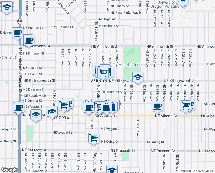 map of restaurants, bars, coffee shops, grocery stores, and more near 1540 Northeast Killingsworth Street in Portland