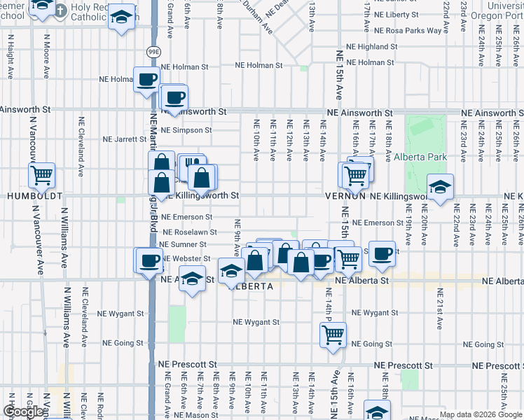 map of restaurants, bars, coffee shops, grocery stores, and more near 5414 Northeast 10th Avenue in Portland