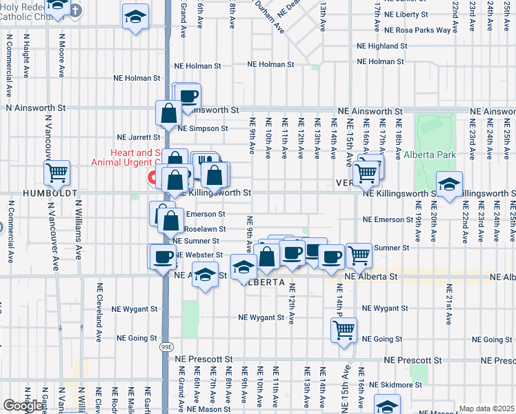 map of restaurants, bars, coffee shops, grocery stores, and more near 866 Northeast Killingsworth Street in Portland