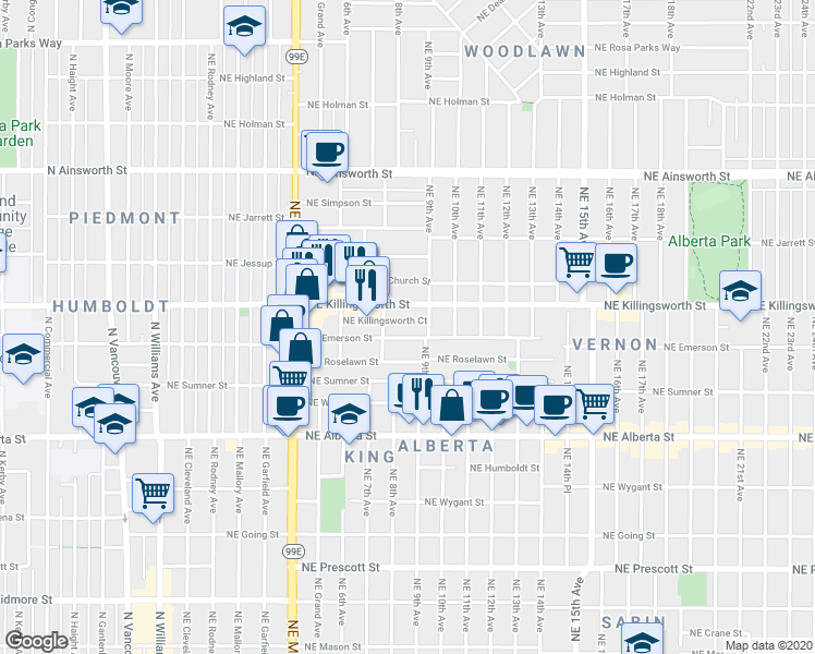 map of restaurants, bars, coffee shops, grocery stores, and more near 866 Northeast Killingsworth Street in Portland