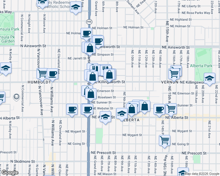 map of restaurants, bars, coffee shops, grocery stores, and more near 726 Northeast Killingsworth Street in Portland