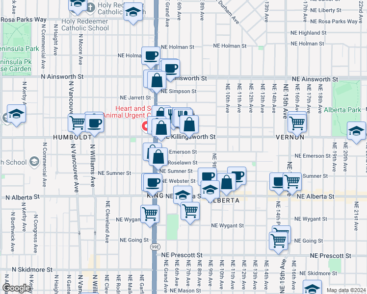 map of restaurants, bars, coffee shops, grocery stores, and more near 5420 Northeast 6th Avenue in Portland