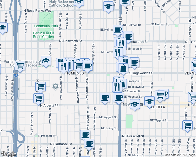 map of restaurants, bars, coffee shops, grocery stores, and more near 5410 Northeast Cleveland Avenue in Portland
