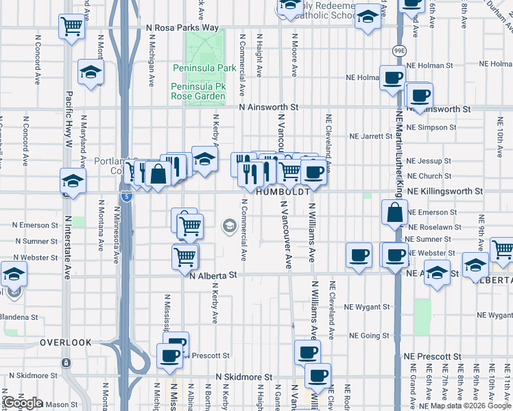 map of restaurants, bars, coffee shops, grocery stores, and more near 330 North Killingsworth Street in Portland