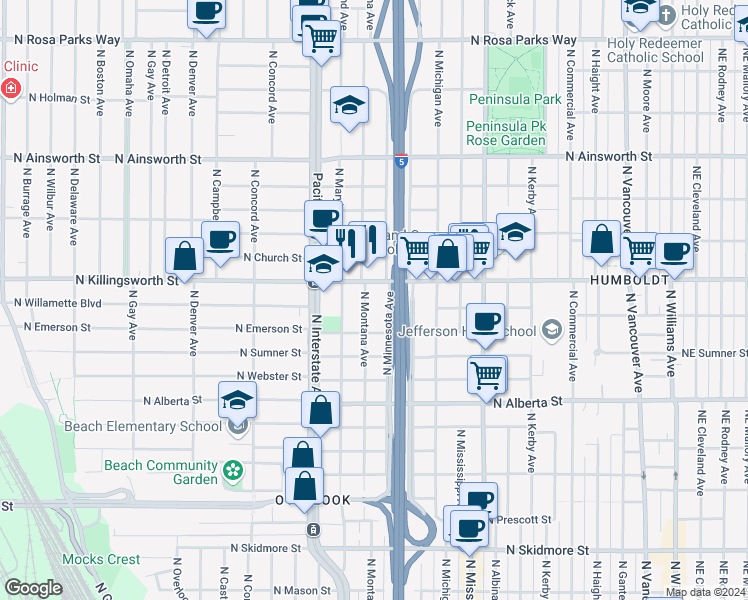 map of restaurants, bars, coffee shops, grocery stores, and more near 1212 North Killingsworth Street in Portland