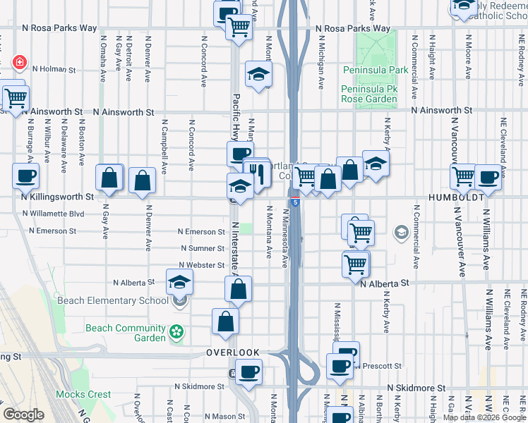 map of restaurants, bars, coffee shops, grocery stores, and more near 1324 North Killingsworth Street in Portland
