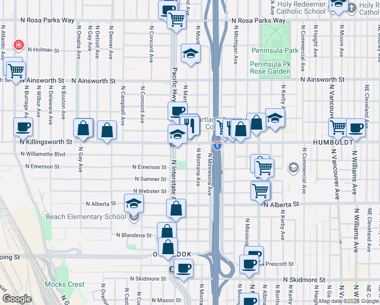 map of restaurants, bars, coffee shops, grocery stores, and more near 1324 North Killingsworth Street in Portland