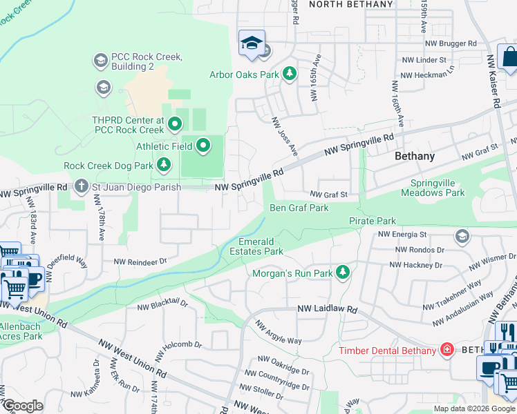 map of restaurants, bars, coffee shops, grocery stores, and more near 16965 Northwest Bernietta Court in Portland