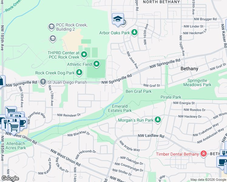 map of restaurants, bars, coffee shops, grocery stores, and more near 16965 Northwest Bernietta Court in Portland